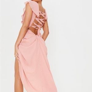 Pink Polka Dot Draped Lace Up Back Midi Dress NWT